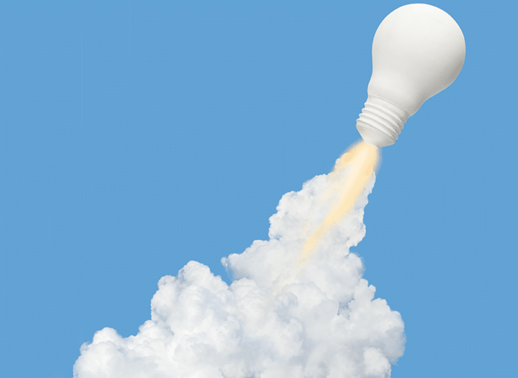 Ideas inspiration concepts with rocket lightbulb on blue background Business start up or goal to success  creativity of human