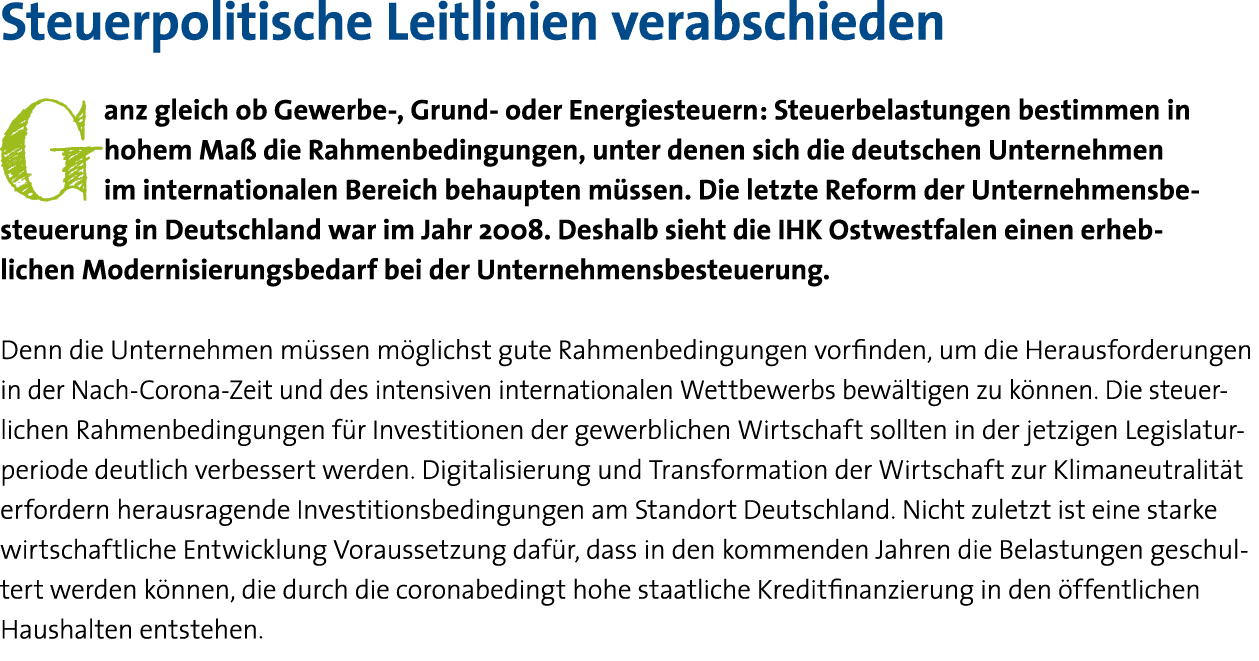 Steuerpolitische Leitlinien verabschieden Ganz gleich ob Gewerbe-, Grund- oder Energiesteuern: Steuerbelastungen best   