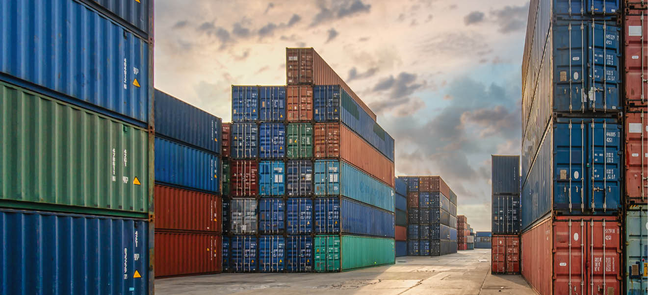 perspective view of containers at containers yard with forklift and truck