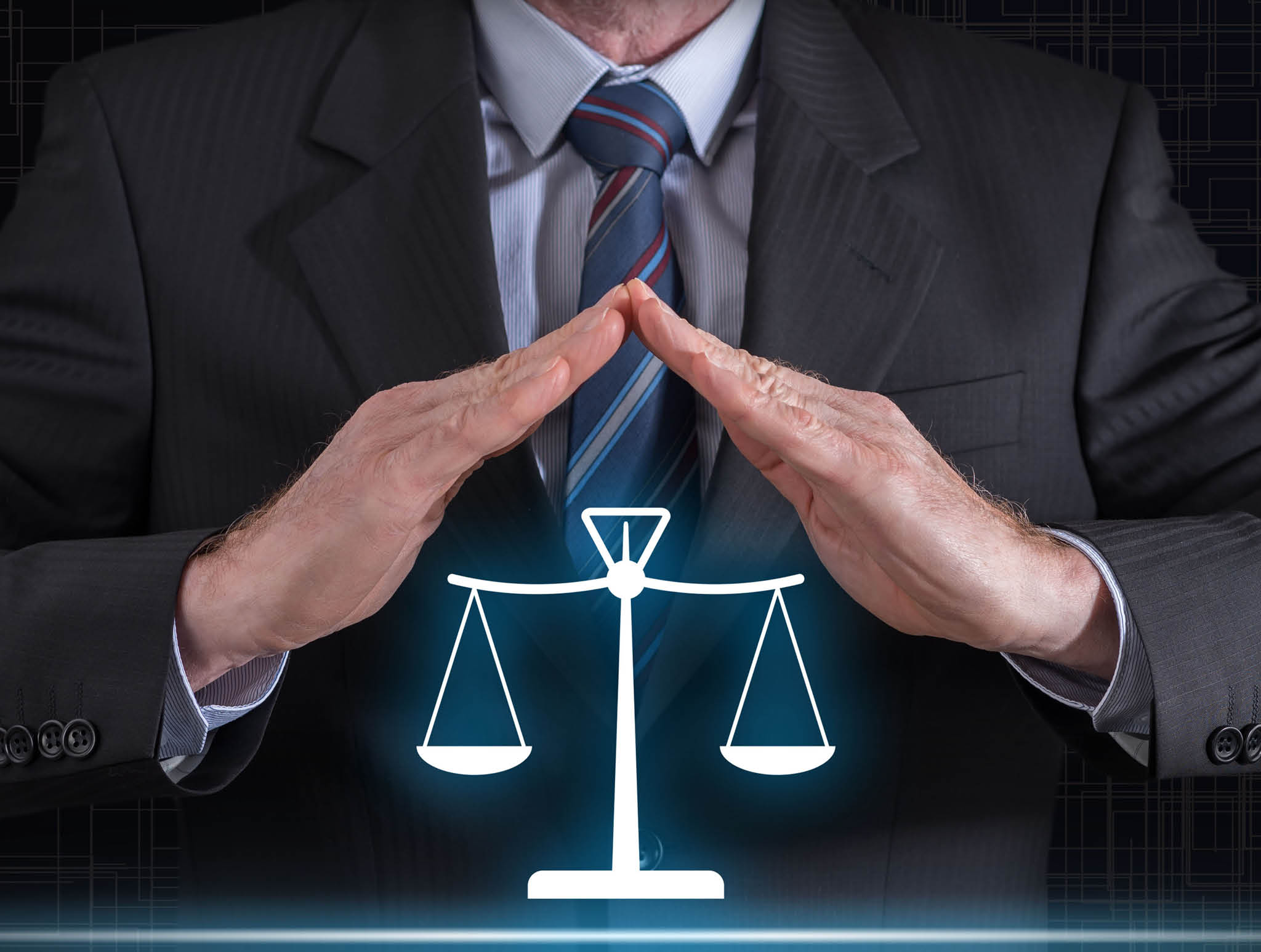 Legal protection concept with businessman in a protective gesture